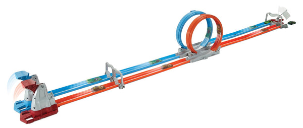 HOT WHEELS Zweispurige Looping Rennstrecke, gerade Trackteile, große Loopings und 2 Spielzeugfahrzeuge im Maßstab 1:64 für Kinder von 5 bis 10 Jahren, GFH85
